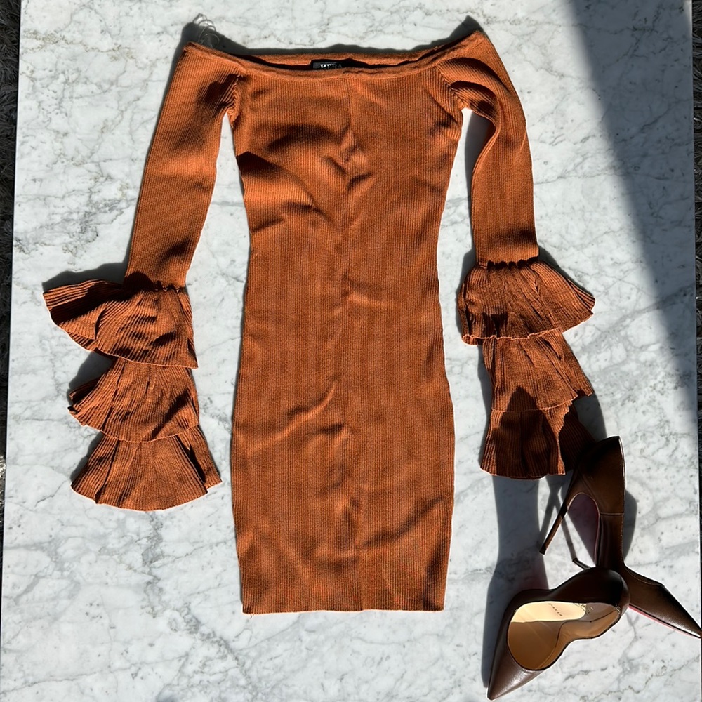 Knit Off The Shoulder Ruffled Long Sleeve Mini Dress
